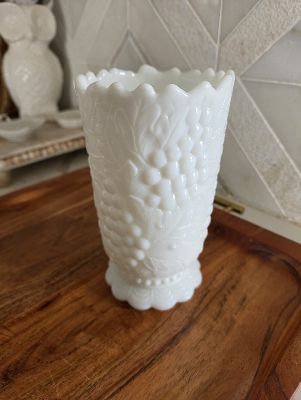 Vintage Milk Glass Vase With Scalloped Base, Fruit And Leaves.